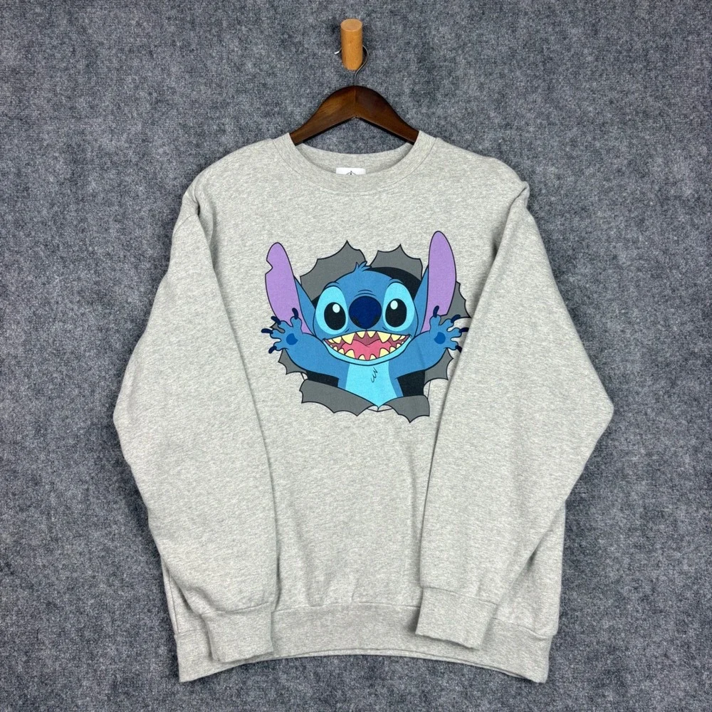 Disney Lilo & Stitch Gray Crewneck Sweatshirt Double Sided Graphic Mens Medium